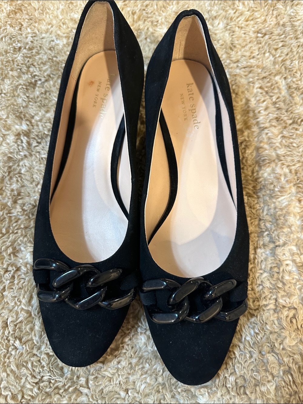 kate spade Black Suede Flats with Glossy Chain Accent